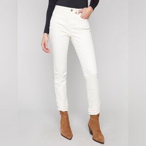 Charlie B Frayed Hem Twill High Rise Cropped Denim Pants Natural White